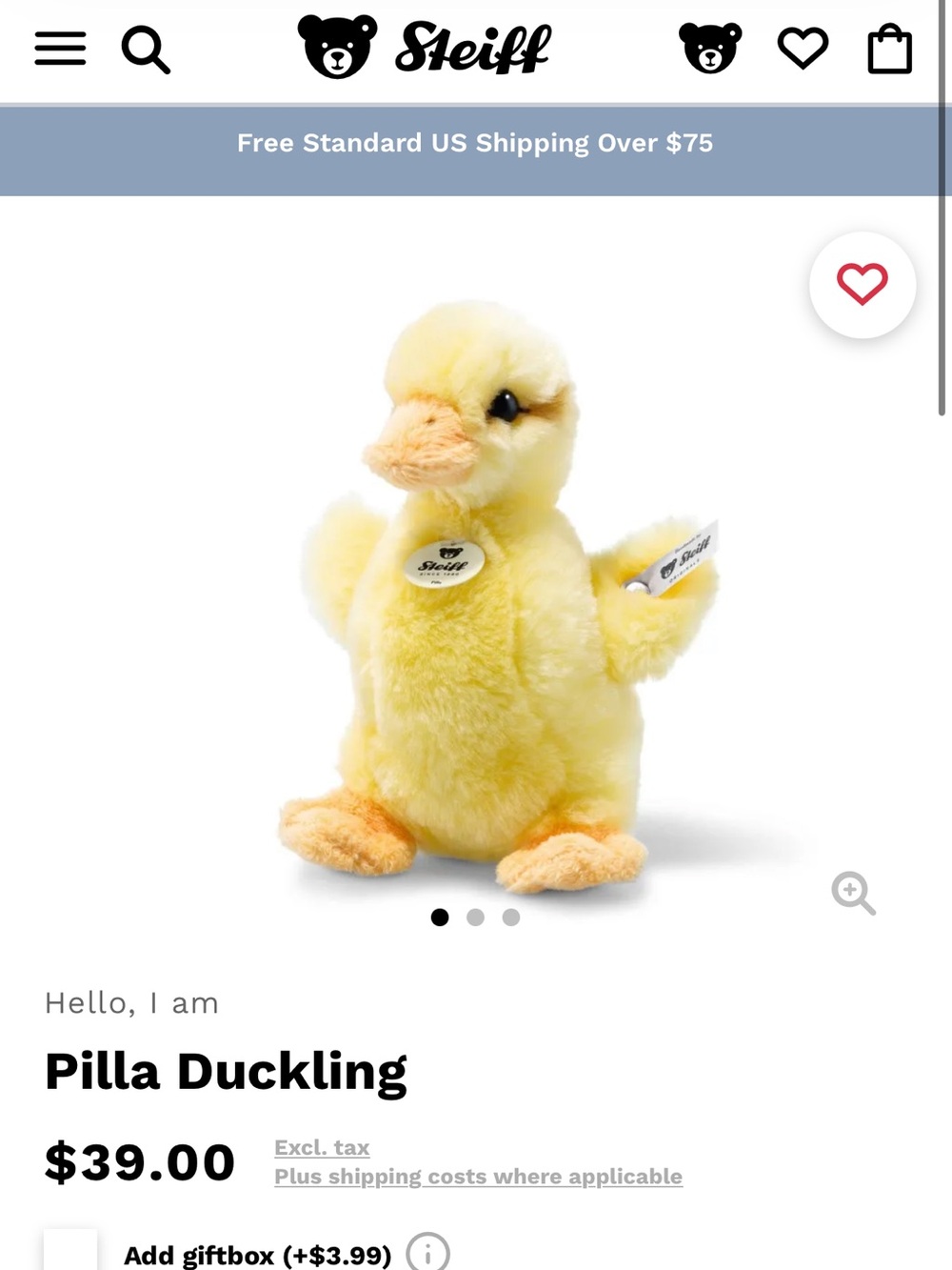 STEIFF Handmade Pilla Duckling Plush Toy